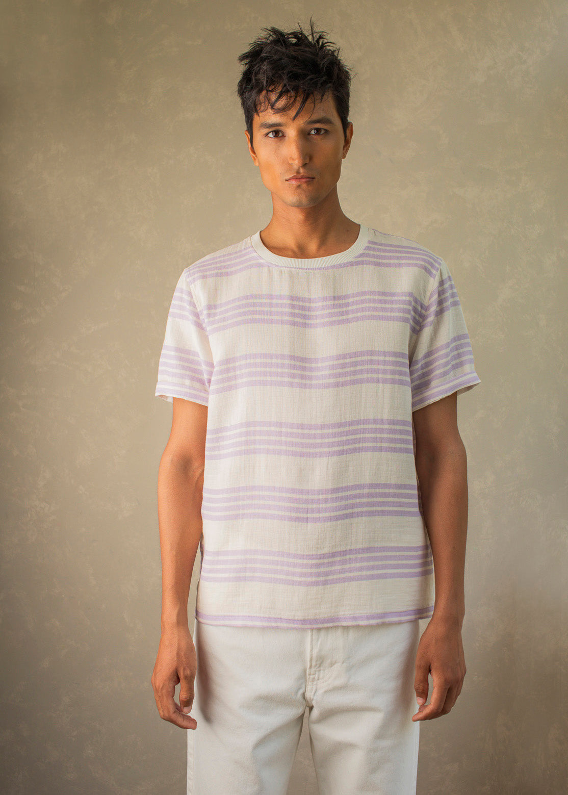 Lavender Stripe Organic Cotton Muslin T Shirt For Men Online