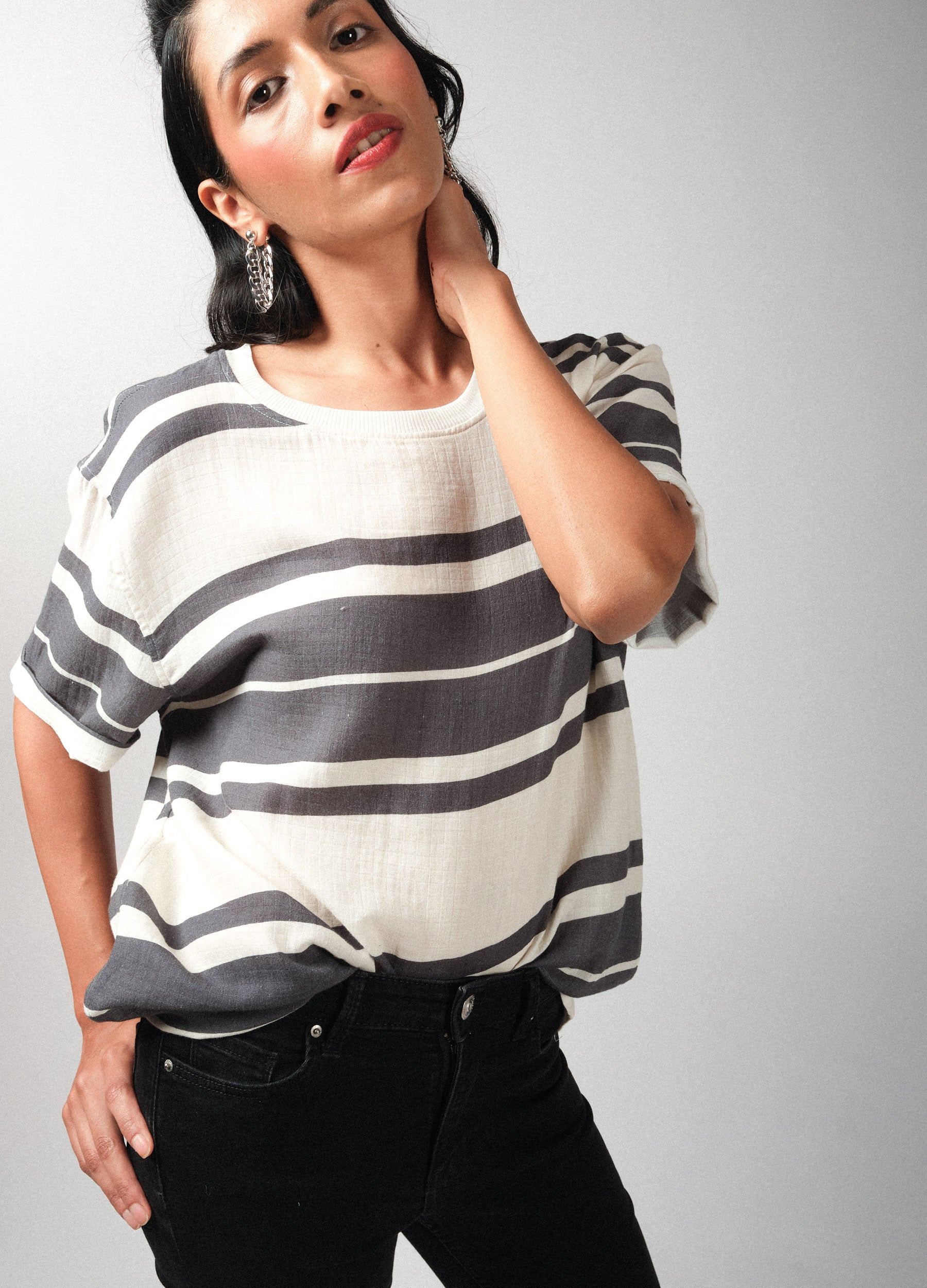 Shadow Stripe Organic Cotton Muslin T Shirt For Women Online
